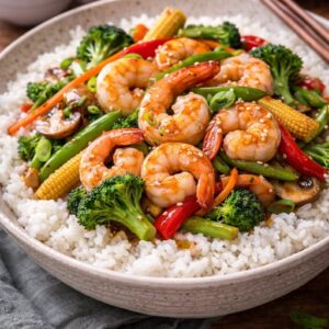 Wokgemüse mit Reis + Garnelen